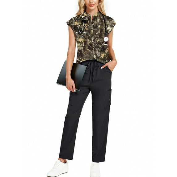 2pcs/women's surgical gown set modern version top and drawstring waist pants scrub uniform set