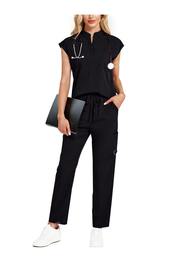 2pcs/Set Solid Color Stand Collar Top And Pants Scrub Uniform Set