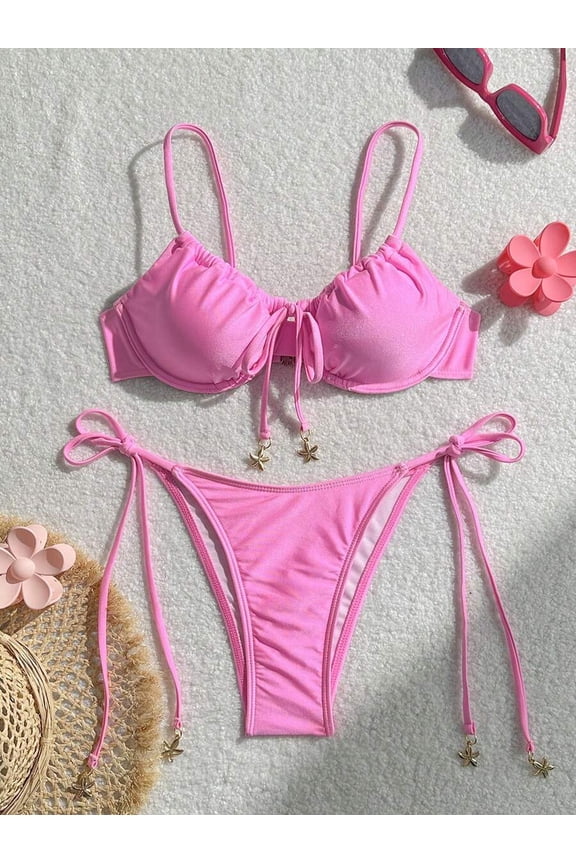 2pcs Set Spaghetti Strap Underwire Knotted Front Bikini Top & Side Knot Bottoms, Floral Pink Women Beach Swimsuit