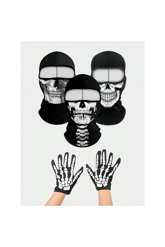 2pcs/Set Unisex Balaclava Ski Mask & Full Finger Skeleton Gloves, Suitable For Cycling, Motorcycle, Climbing, Halloween Costumes, Windproof, Sunscreen, Travel