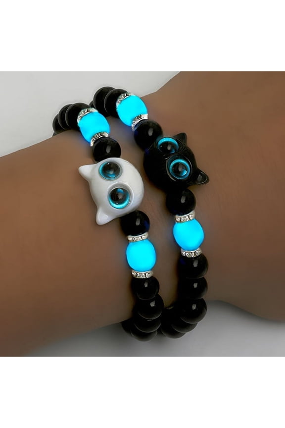 2pcs/Set Vintage Cute Cat Beaded Bracelets with Luminous Glass Beads, Adjustable Elastic Wristbands with Charm, Perfect for Party and Gift-Giving, All-Season Accessory, Halloween/Christmas Gift