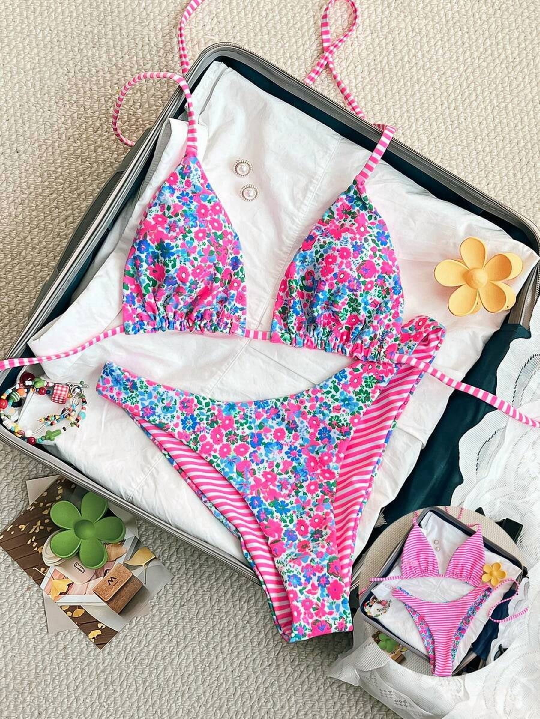 2pcs/Set Women Cute Random Floral Print Reversible Halter Top And ...