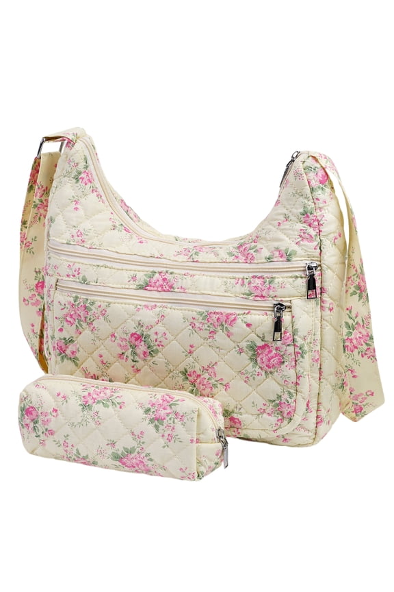 2pcs Set Women's Small Floral Quilted Crossbody Bag and Tote, Multi-Pocket Shoulder Handbags for Everyday Use, Travel, and Casual Outfits