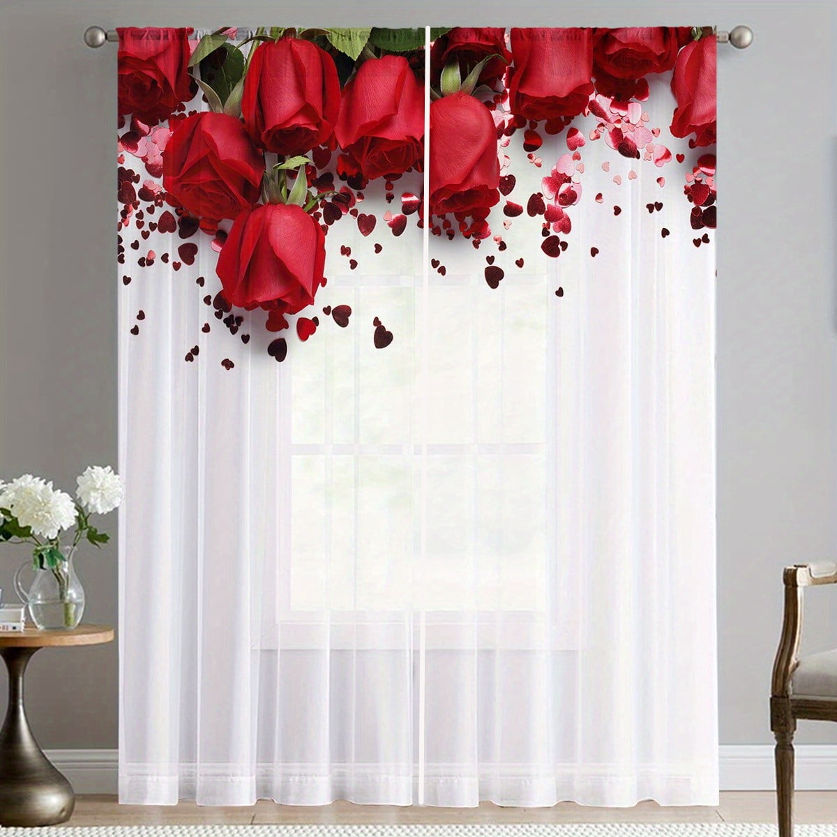 2pcs Sheer Red Roses Heart Shaped Voile Curtain for Living Room Bedroom