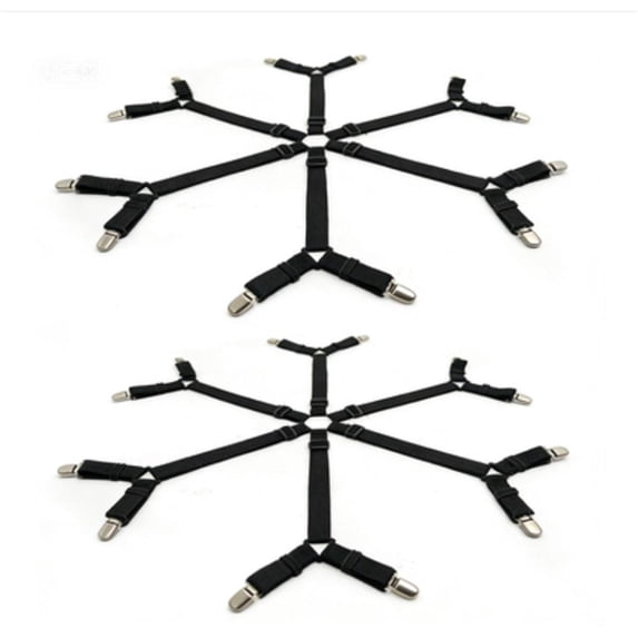 2pcs Sheet Clips,Under Mattress Bed/Fitted Sheet Fastener,Long Strap Clip Bands,6 sides with 12 black clips(Black)