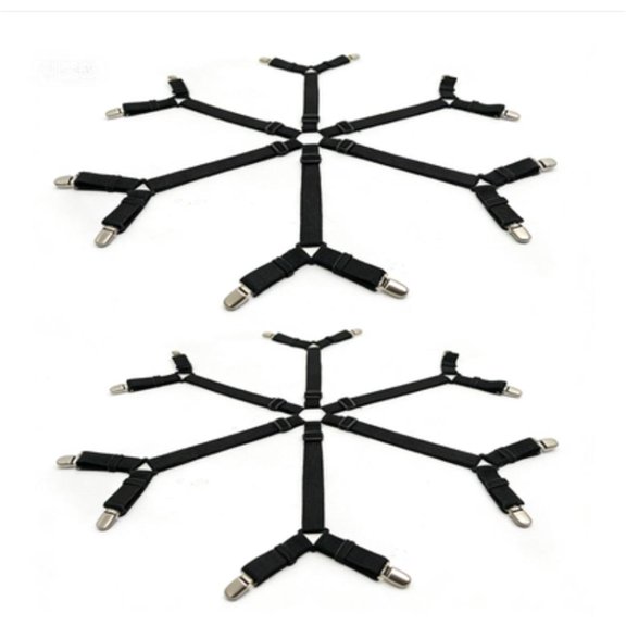 2pcs Sheet Clips,Under Mattress Bed/Fitted Sheet Fastener,Long Strap Clip Bands,6 sides with 12 black clips(Black)