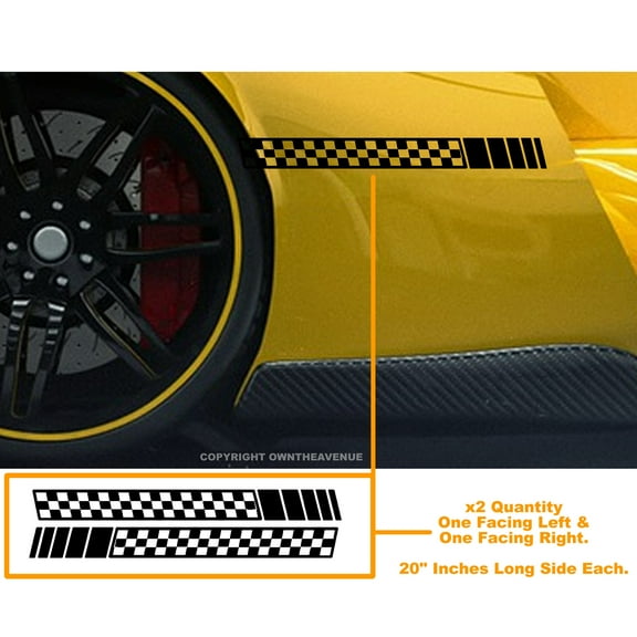 2pcs Side Racing Sport Stripe Checkered Body Graphic Car Decor Sticker Decals 20" - Black Vinyl