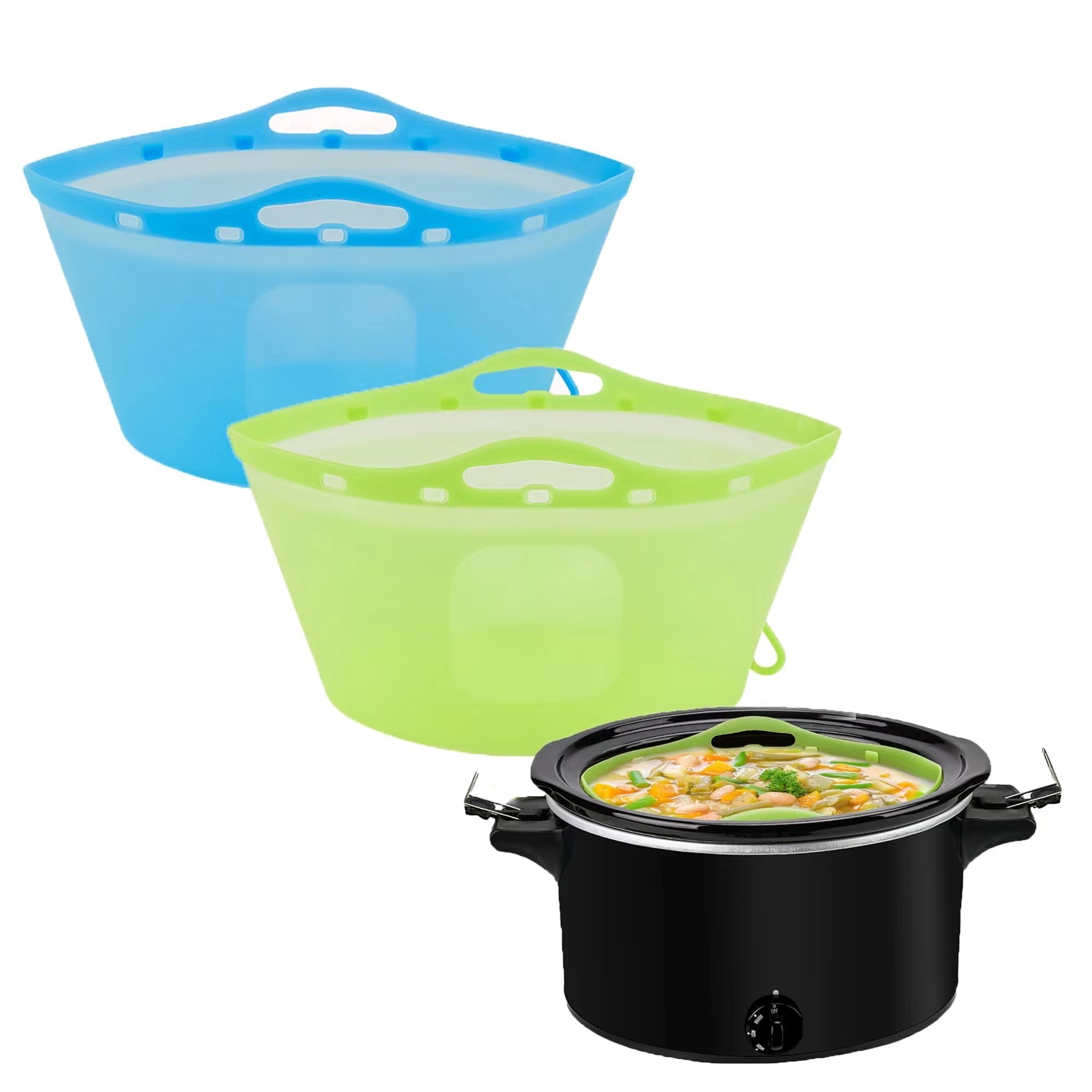2pcs Silicone Slow Cooker Liners, Reusable Slow Cooker Liners for 6-7-8 Quarts, Crock-Pot Liners with Buttons and Hooks for Oval or Round Pot, Leakproof & Easy Clean, Green+Blue