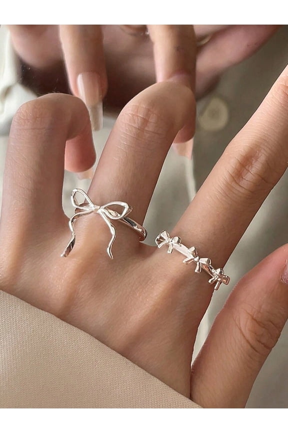 2pcs Silver Bowknot Open Ring Set For Women Daily Wear Valentines Gift