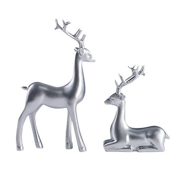 2pcs Silver Reindeer Christmas Decoration Resin Sitting Standing Deer Statue Elk Christmas Reindeer Figurines for Home Decor Office Desktop (Silver)