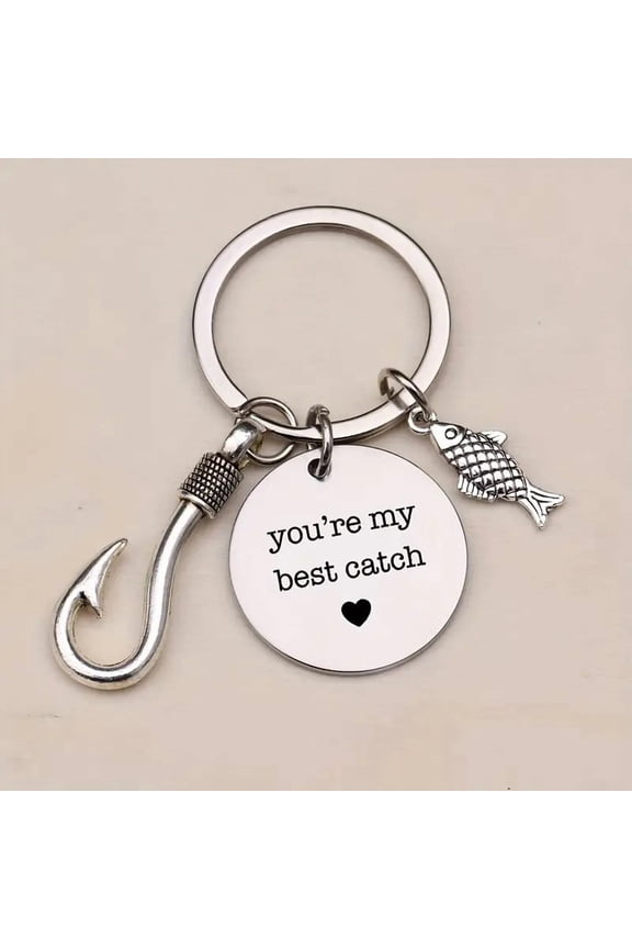 2pcs Simple Stainless Steel You're My Best Catch Letters Fish Fishhook Pendant Keychain for Women Men Punk Keyring