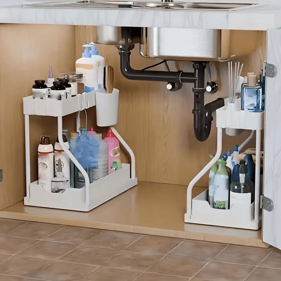 2pcs Under Sink Organizer with Sliding Shelves - Durable Pull-Out Cabinet Organizer for Bathroom & Kitchen, Space-Saving Storage Solution, Sleek Design