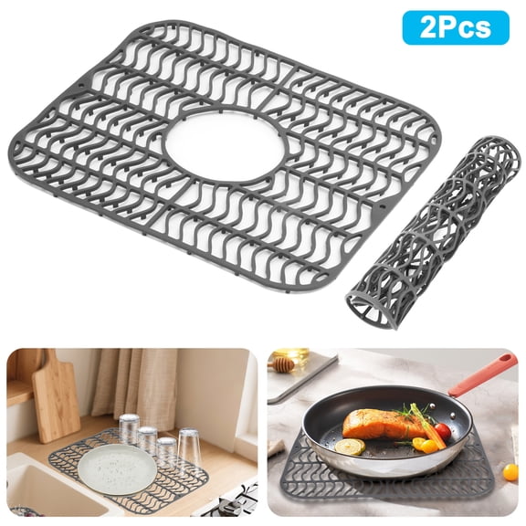 2pcs Sink Protector Mats, Silicone Sink Protectors for Kitchen Sink, Non-Slip Drain Pad w/Center Drain Cutout, Dishwasher-Safe Sink Grid, Gray