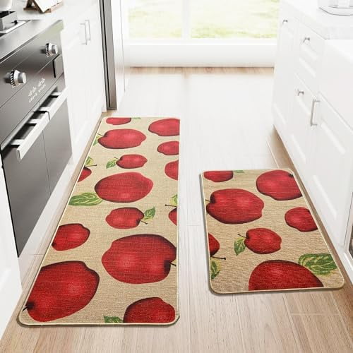 2pcs Skid Resistant Kitchen Mat, Farmhouse Rug Runner,Rubber Back Red Apple Area Rugs for Floor Washable Non-Slip Waterproof Standing Rugs and Mat$$Home Decor, Kitchen, & Other