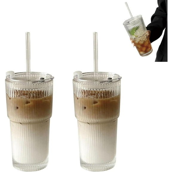 2PCS Skinuretic Glass Tumbler, 19oz Ribbed Glass Tumblers with Lids and Straws, Aesthetic Spill Proof Thick Glass Cup, Large Capacity, Stylish Design for Home Office