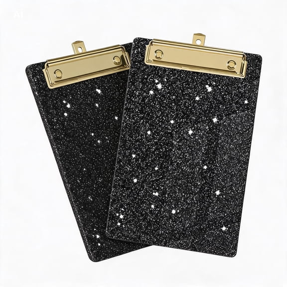 2pcs Sleek Black Glitter Plastic Clipboard, Low Profile Gold Clip, A4 Size for Students
