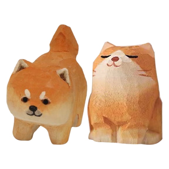 RENACLIPY Set of 2 Hand Carved Wooden Cat Sculptures for Home and Office Decoration, Assorted Colors