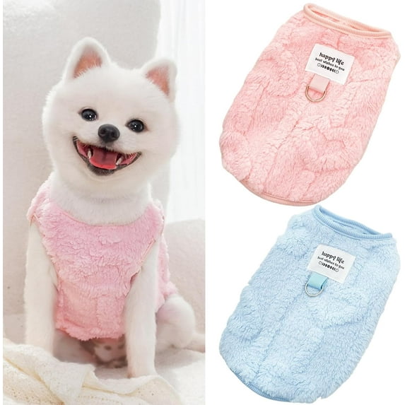 2pcs Small Dog Sweaters with Leash D-Ring Fleece Warm Puppy Sweater Fall Winter Pet Coat Dog Clothes for Small Medium Dogs,Cats (Pink-Green, L(9-13lb))