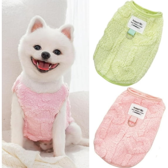 2pcs Small Dog Sweaters with Leash D-Ring Fleece Warm Puppy Sweater Fall Winter Pet Coat Dog Clothes for Small Medium Dogs,Cats (Pink-Green, L(9-13lb))