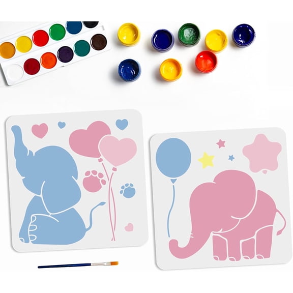 2pcs Small Elephant Stencil Elephant Template Star Heart Balloon Elephant Footprint Pattern Elephant Wall Decor 11.811.8inch with Paint Brush DIY Craft Home Decor diy Elephant