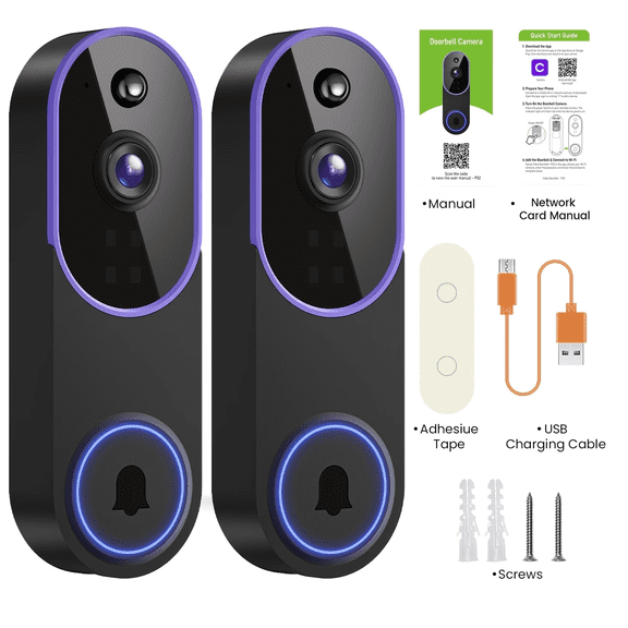 2pcs Smart 1080p Video Doorbell Camera, Live View, AI Human Detection, 2-Way Audio, Night Vision, Cloud Storage (No Receiver)