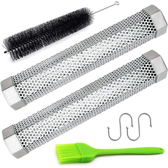 2pcs Smoker Tube 12in Pellet Smoker Tube Stainless Steel Smoke Tube for Hot or Cold Smoking 5 Hours of Billowing smoke Portable BBQ Smoking tube Generator Electric Charcoal Gas Grill Smoker