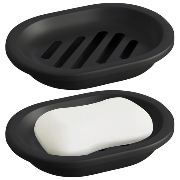 2pcs Soap Dishes with Drain Double-Layer , Soap Tray for Bathroom and Kitchen Sinks Keep Soap Dry and Clean Stop Mushy Soap (Black)