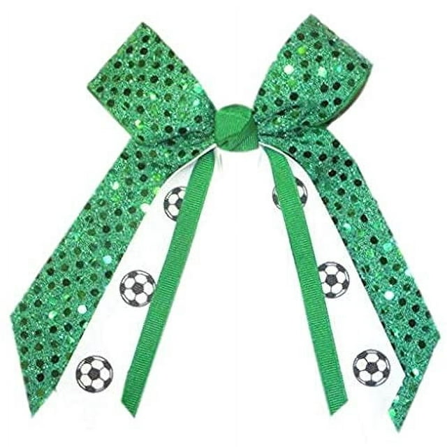2pcs Soccer Sequin Hair Bow, Made in the USA, White Pony Band, many colors (Kelly)