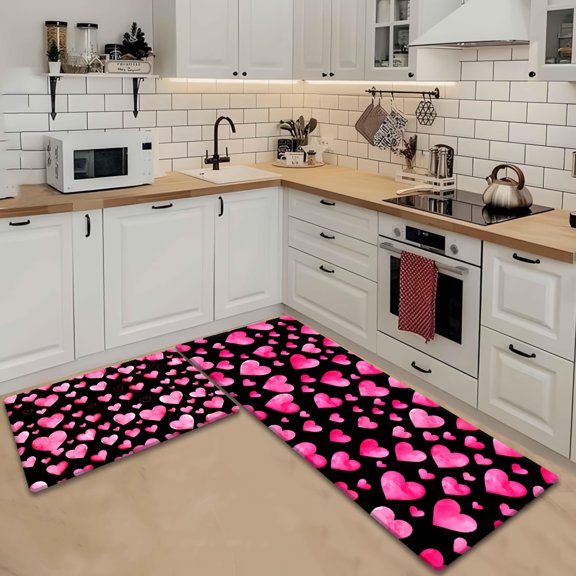 2pcs Soft Flannel Watercolor Heart Mat - Plush Mat Suitable, Bedroom, Yoga Studio - Machine-Washable Non-Slip Mat with Pastel Hues - Romantic Wedding & Valentine's Day Decor - Small Rectangular Mat