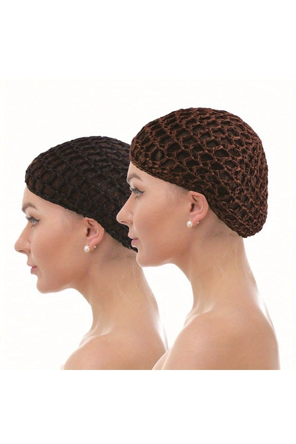 [2pcs Soft Rayon Snood] 2pcs Women Lady Soft Rayon Snood Hair Net Sleeping Bun Crochet Knit Hat Cap Hairnet-One Size Fit MostBlack/coffee