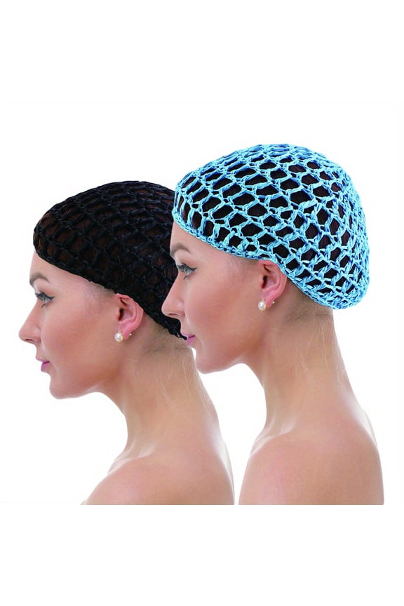 [2pcs Soft Rayon Snood] 2pcs Women Lady Soft Rayon Snood Hair Net Sleeping Bun Crochet Knit Hat Cap Hairnet-One Size Fit MostBlack/light Blue