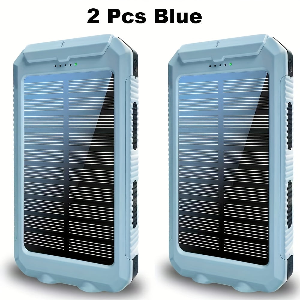 2pcs Solar Charger 20000mAh, Portable Dual USB Output Solar Charging Panel, Fast Charging External Battery Pack, Built-in LED Flashlight Emergency Model for Hiking. (Pack of 2), Solar Battery