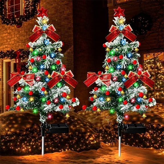 2pcs Solar LED Snowflake Pine Tree Ground Stake Lights - 33in Outdoor Decor for Christmas Courtyards, Lawns, Gardens, Solar-Powered & Waterproof, Auto-On/Off, Enhances Festive Landscape, Multicolour