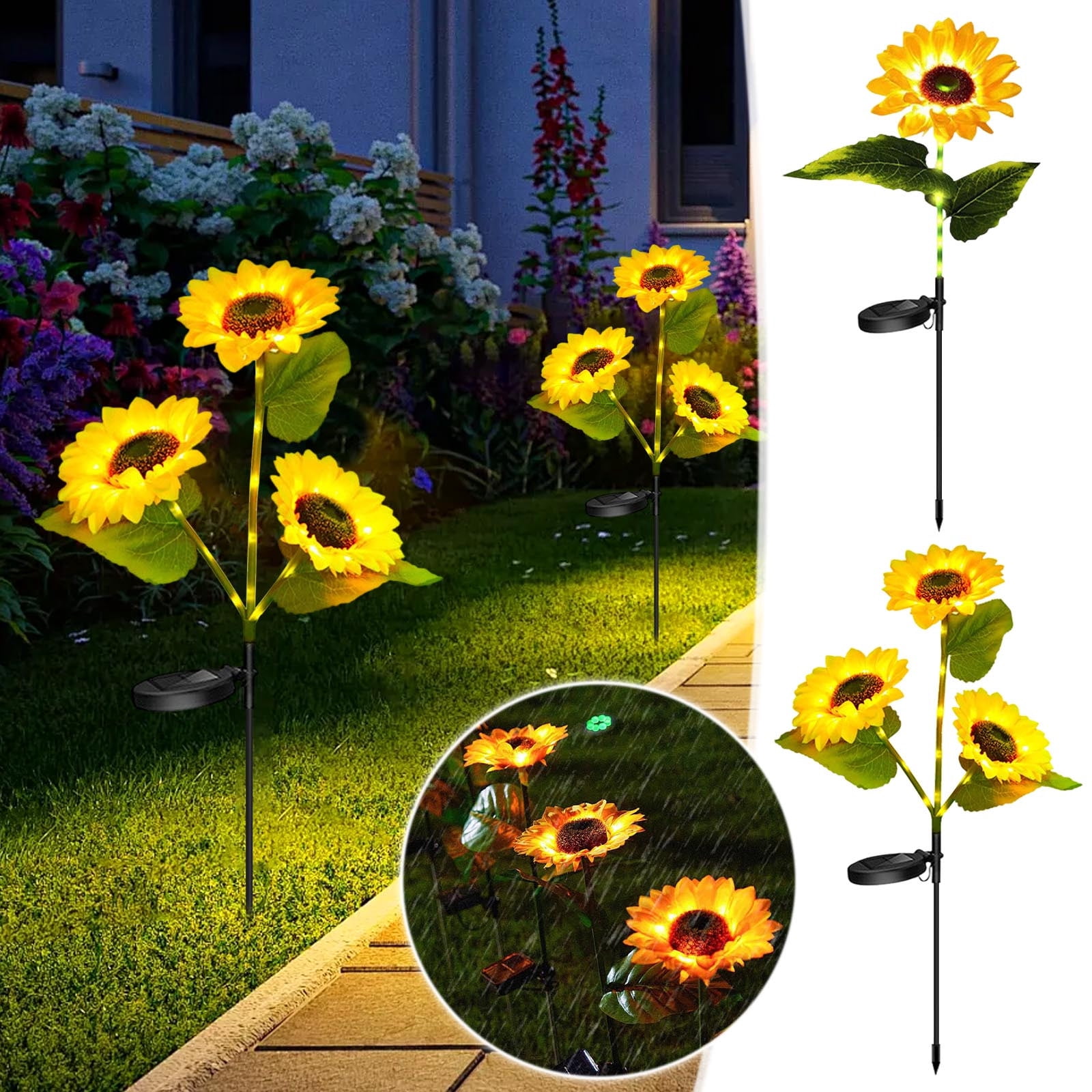 2pcs Solar LED Sunflower Garden Lights Outdoor, IP65 Waterproof Light for Outdoor Flower Bed, Yard, Pathway, Patio Decor - Gift for Mom, Women, Grandma