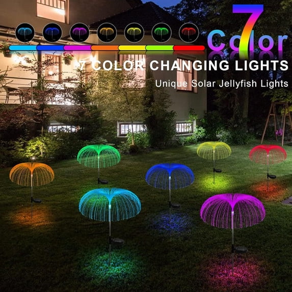 2pcs Solar Lights Outdoor Waterproof Decorative: Layer Fiber Optic Jellyfish Lights with 7 Color Changing, Solar Flower Lights Outdoor Garden Decorations for Yard Patio Pathway