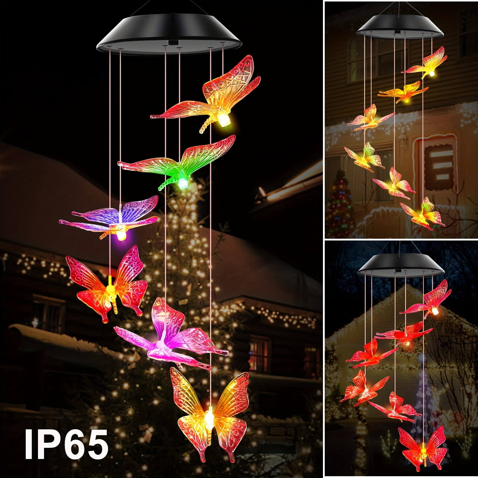 2pcs Solar Wind Chimes Color Changing Outdoor Hummingbird Lights LED ...
