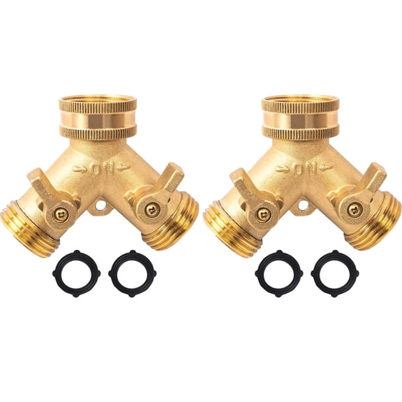 2pcs Solid Brass Garden Hose Splitter 2 Way, Heavy Duty Y Connector with Shut Off Valves, Standard Hoses, Leak Proof with O-Rings