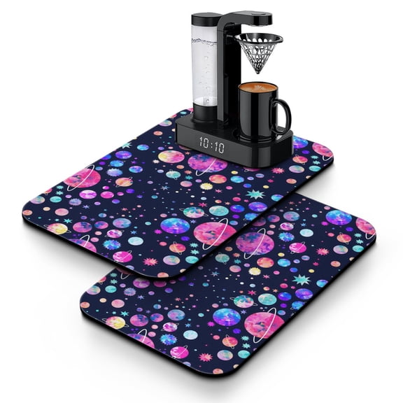 2pcs Space-Themed Coffee Maker Mat - Absorbent Non-Slip Kitchen Counter Mat for Coffee Station, Galaxy Design