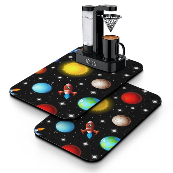 2pcs Space-Themed Coffee Maker Mat - Absorbent Non-Slip Kitchen Counter Mat for Coffee Station, Galaxy Design