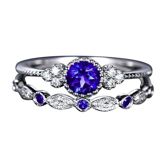 2pcs Sparkling 925 Solid Sterling Silver Natural Gemstone Ring Set