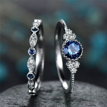 2pcs Sparkling 925 Solid Sterling Silver Natural Gemstone Ring Set