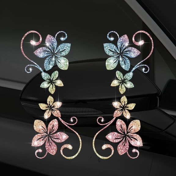 2pcs Sparkling Four Vine Flowers Car Stickers, Sparkling Plant Flower Patterns, Self-Adhesive Non-Residual, Easy Install for Cars, Motorcycles, Glass & Laptops