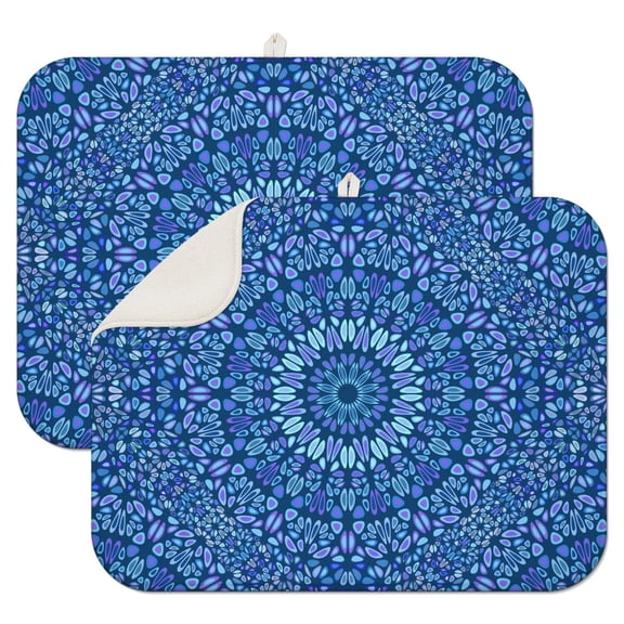 2pcs Spiritual Mandala Dish Drying Mat, 3-Layer Thick Absorbent Microfiber Sink Pad with Ornamental Indian Pattern, Multipurpose Heat Resistant Mat for Zen & Emotional Decor