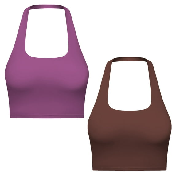 2pcs Sports Bras for Women Open Back Workout Tops Wide Straps Yoga Gym Fitness Tank Bra,Purple+brown,4,