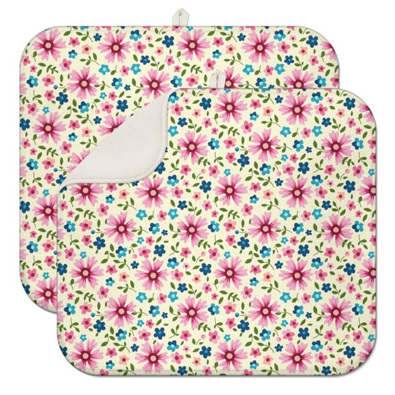 2pcs Spring Daisy Print Dish Drying Mat, Super Absorbent Microfiber Kitchen Pad, 3-Layer Heat Resistant Countertop Mat, Cute Floral Design
