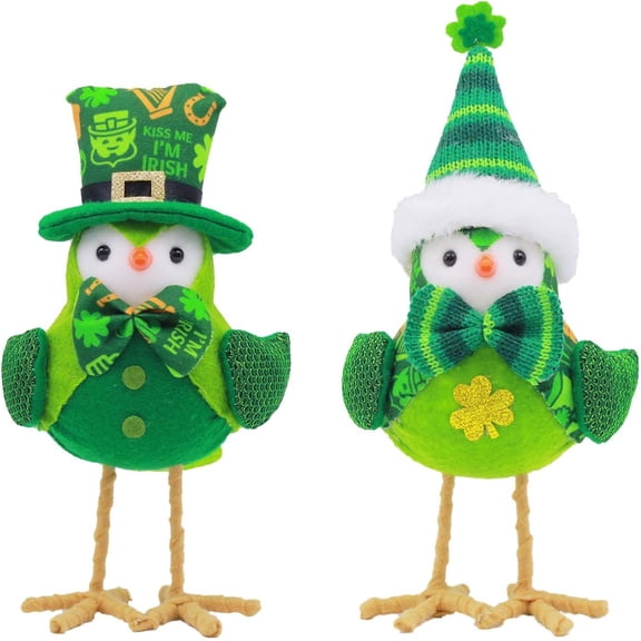 2pcs St. Patricks Day Featherly Friends Birds - Table Decor and Figurines, St. Patricks Day Decorations, Farmhouse Style Bird Figurines for Indoor Display, Holiday Home Accents