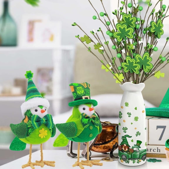 2pcs St. Patrick’s Day Featherly Friends Birds - Table Decor and Figurines, St. Patrick’s Day Decorations, Farmhouse Style Bird Figurines for Indoor Display, Holiday Home Accents