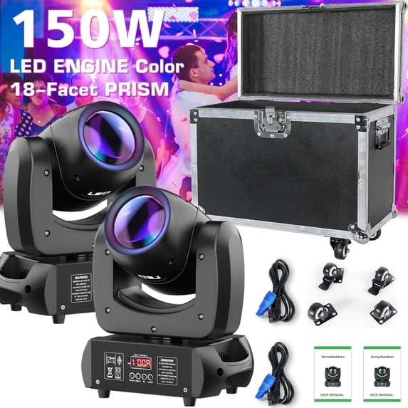 2 Pack Moving Head Stage Light with Flight Case, 18 Prism 8500K COB LED DJ Light with Gobo for Club Party Disco Halloween