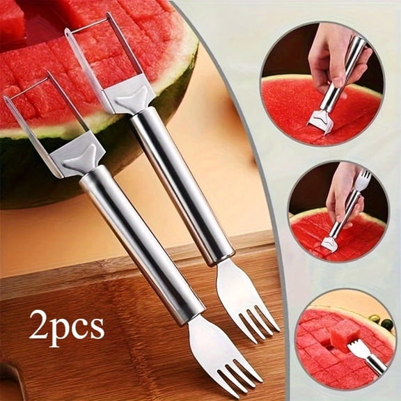 2pcs Stainless Steel 2-In-1 Watermelon Cutter And Fork, a Simple Cutting And Service Tool for Kitchens And Restaurants.
