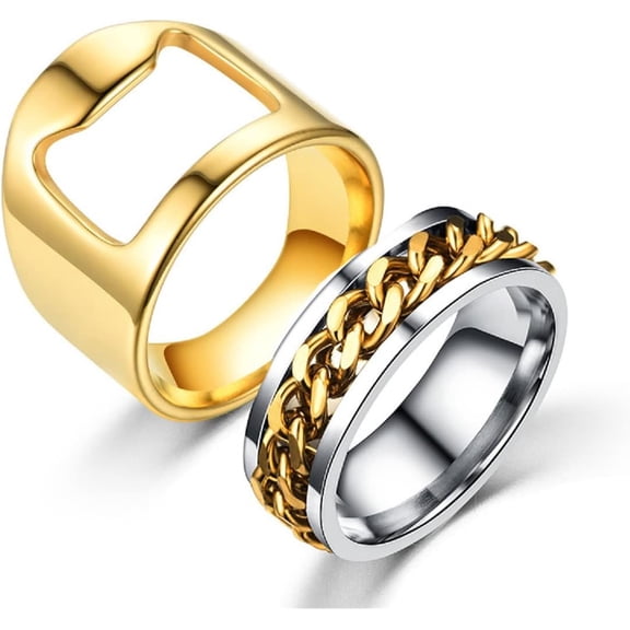 2pcs Stainless Steel Bottle Opener Rings Set Spinner Chain Thumb Beer Bar Opening Ring for Men Women Creative Party Jewelry-Gold 8
